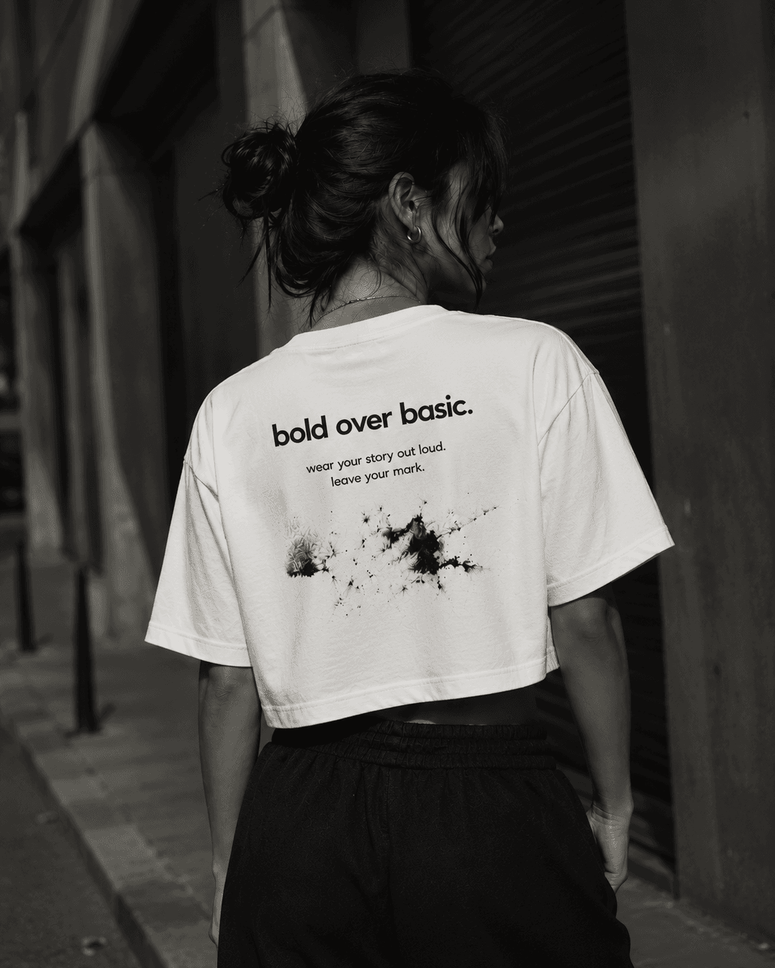CENTRE 001 CUT crop top, worn, bold over basic back print