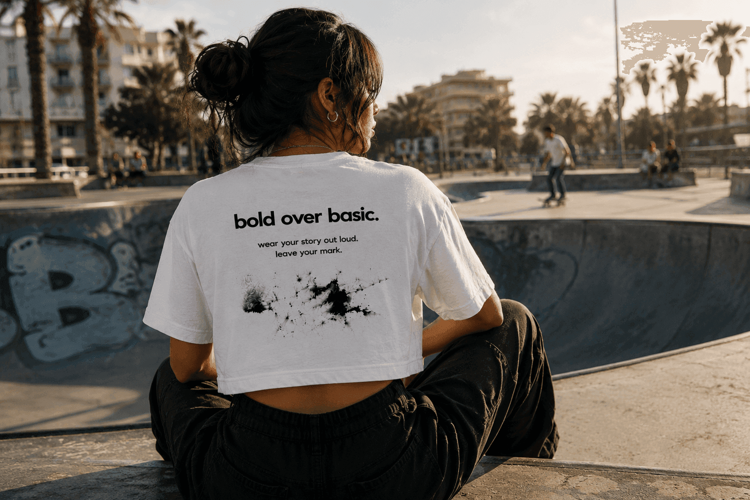 CENTRE 001 CUT crop top, worn at a skatepark